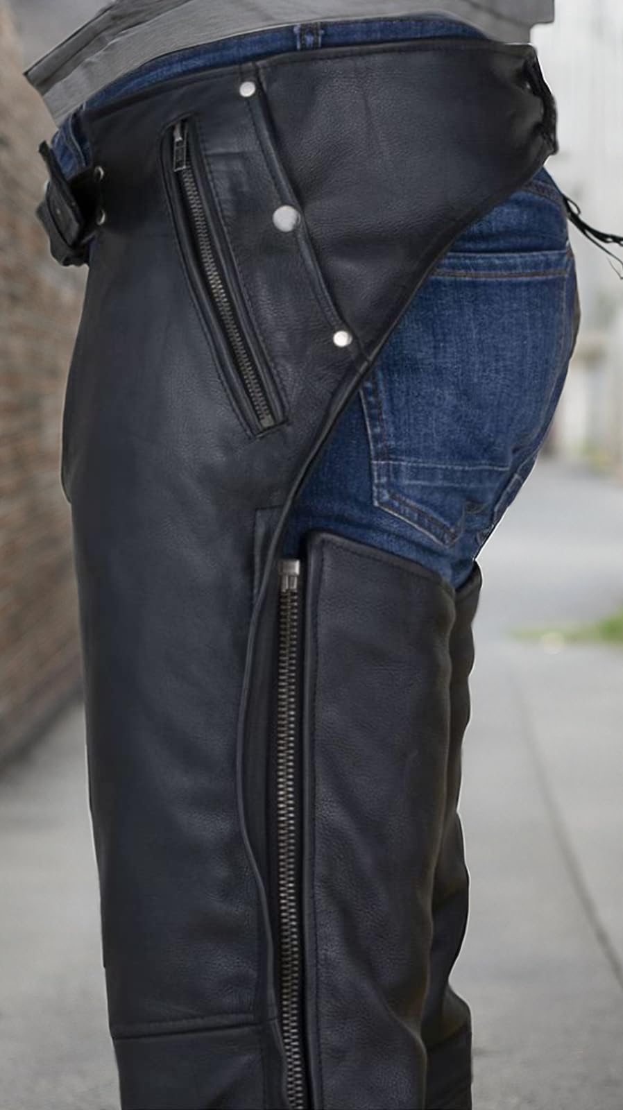 Dream Apparel rider wearing chaps on motorcycle, illustrating real-world coverage and style
