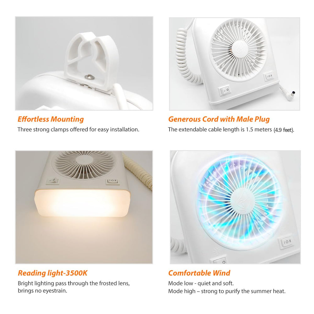 Dream lighting fan blade detail showing two-speed airflow and quiet benefit