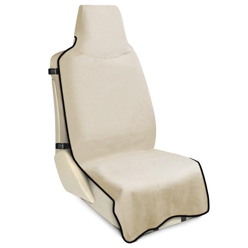 DREAMANIA front view tan seat cover showing full protection and clean look