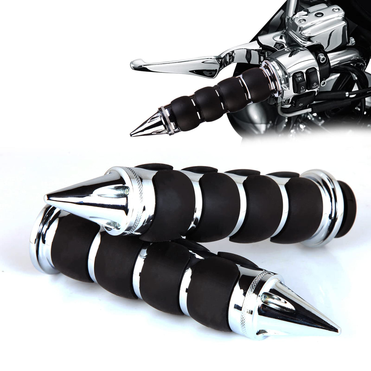 DREAMIZER front view of chrome spiked grips showing polished finish and fit benefit