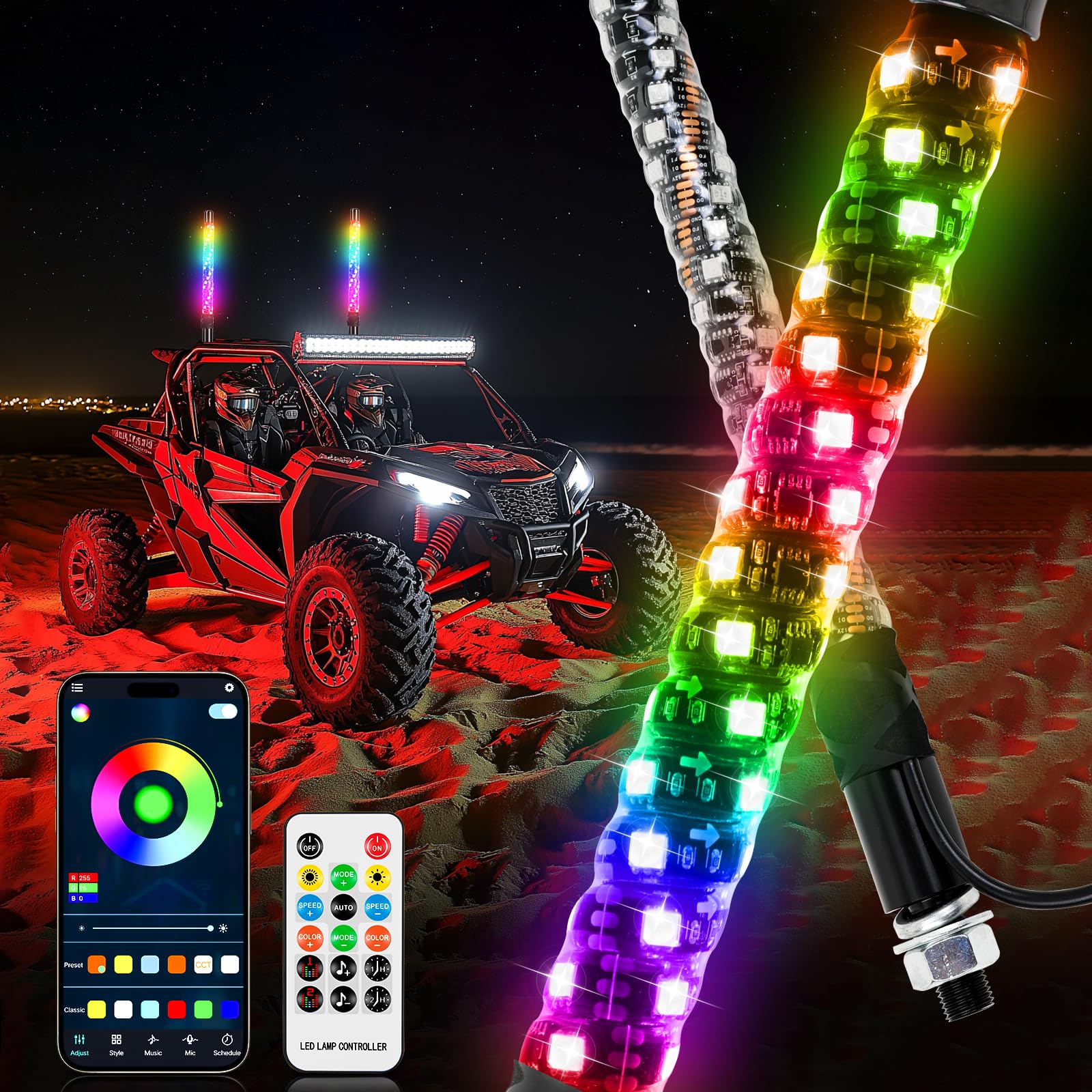 DREAMIZER front view of paired 1ft whip lights showing bright colors and visibility