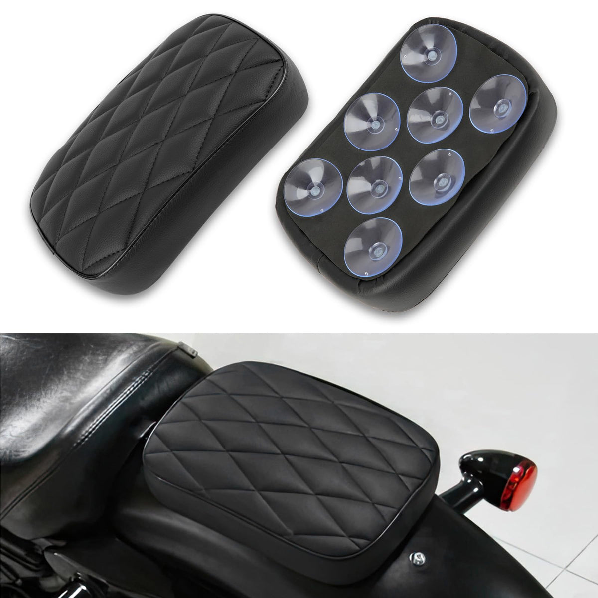 DREAMIZER front view of black diamond pillion pad showing sleek profile and comfort