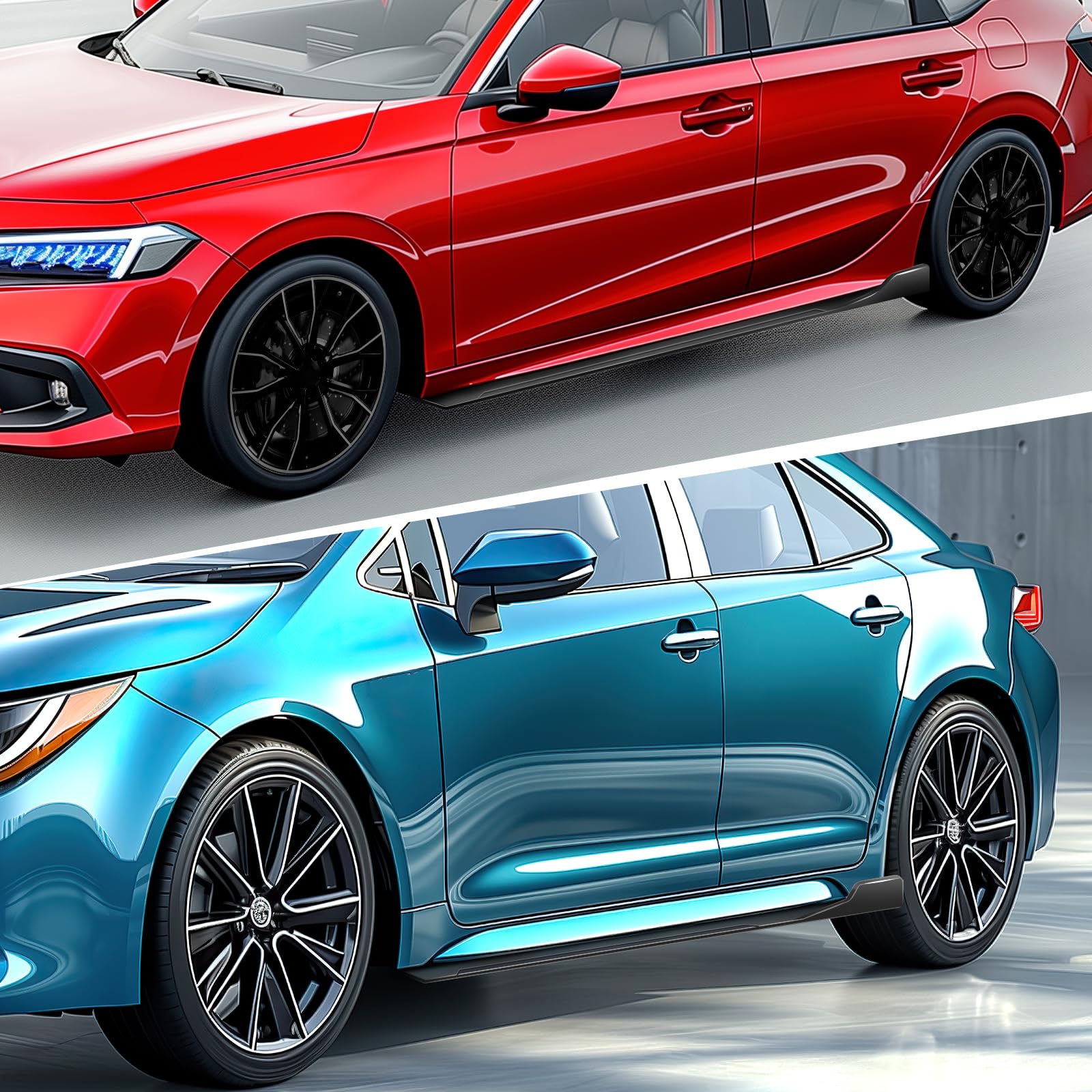 DREAMOTOR painted side skirts on car in driveway for styled finish
