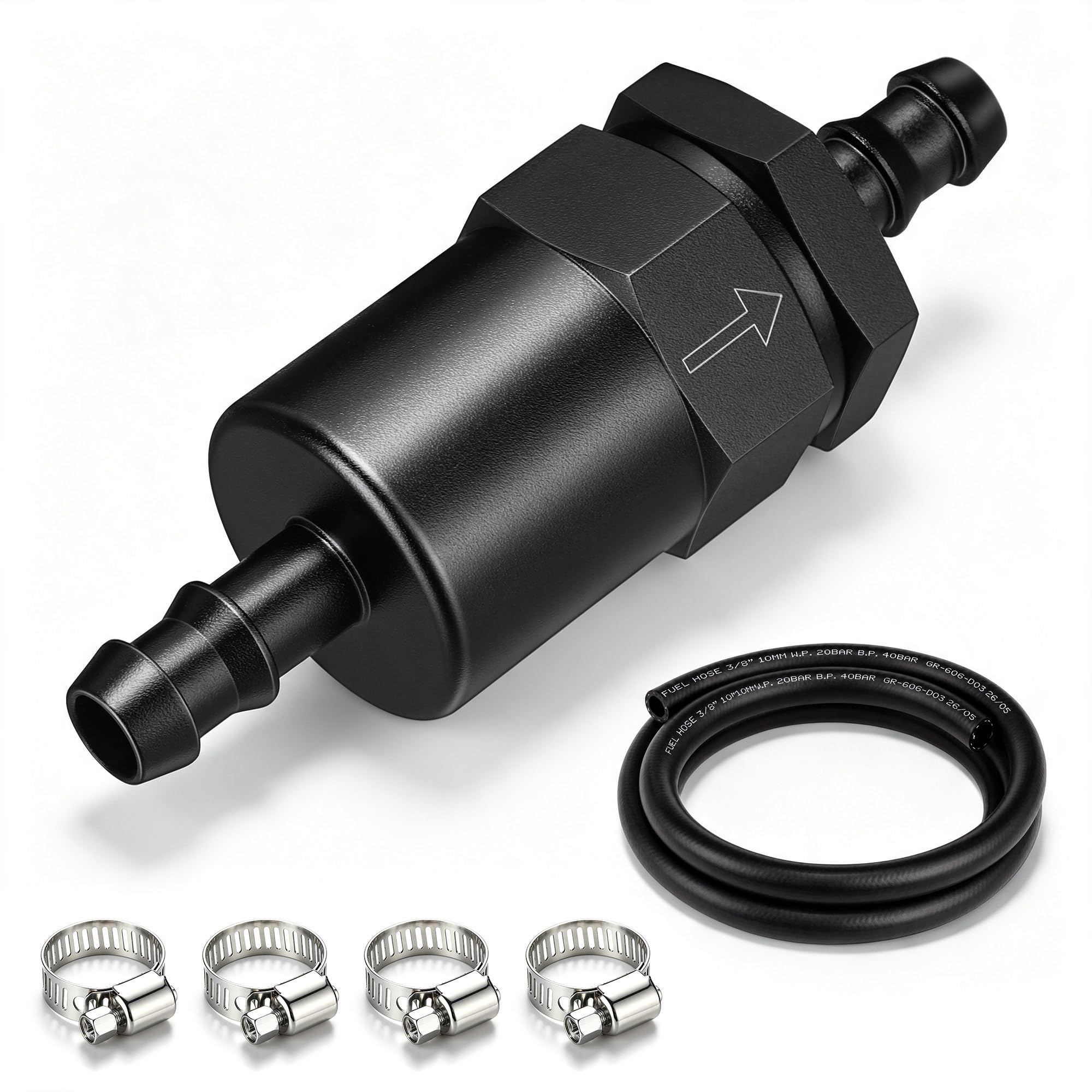 Dreyoo billet inline fuel filter front view showing compact durable housing and clean look