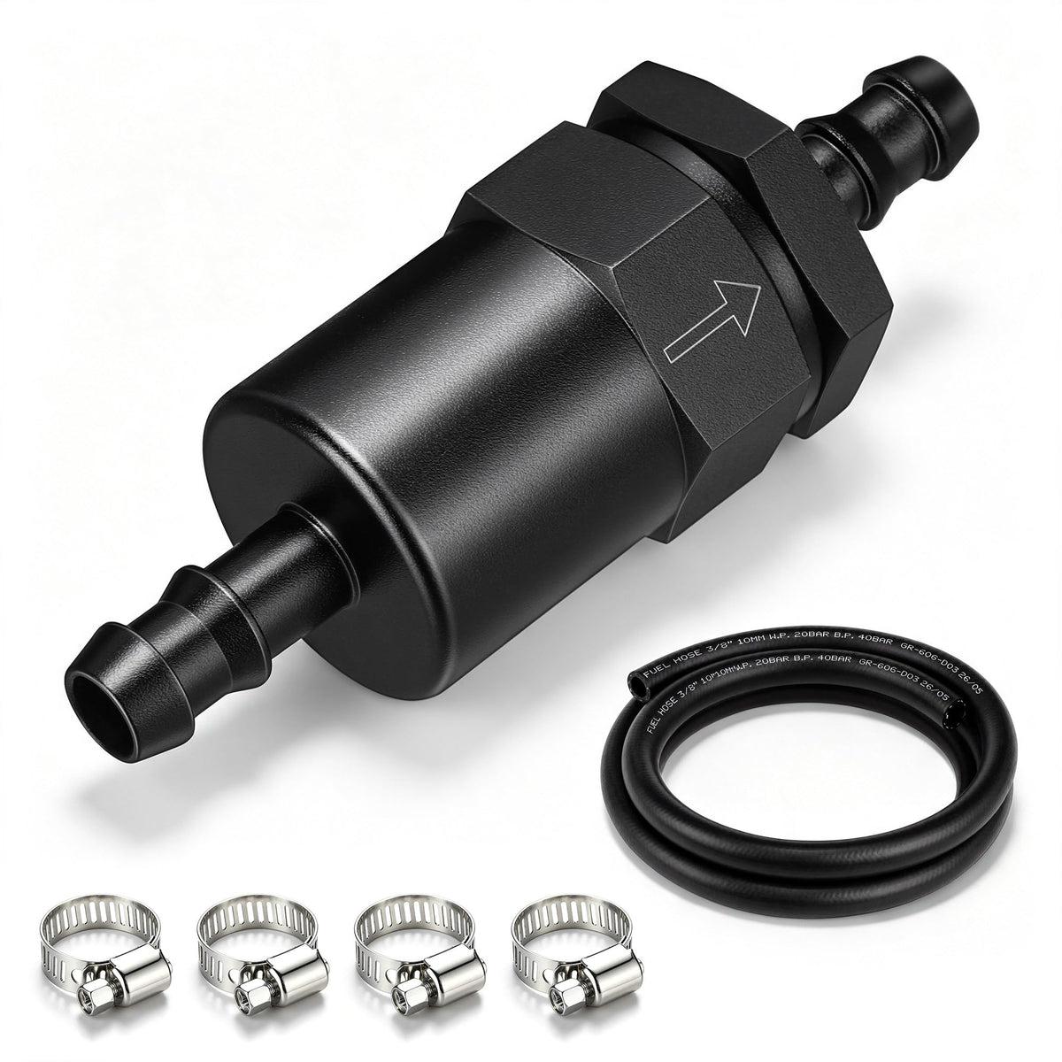 Dreyoo billet inline fuel filter front view showing compact durable housing and clean look