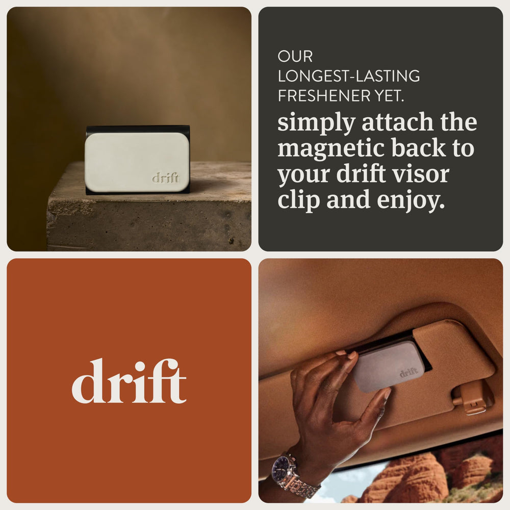drift installed on car visor showing product in use and discreet continuous scent