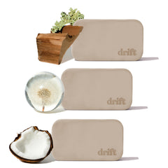 drift front packaging showing three stone fresheners and metal clip, highlights scent variety