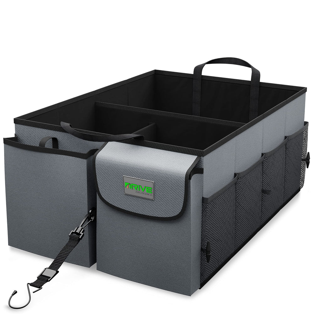 DRIVE front view of trunk organizer showing compartments and tidy storage benefit