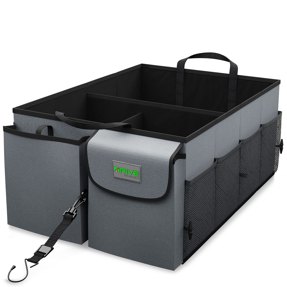 DRIVE front view of trunk organizer showing compartments and tidy storage benefit