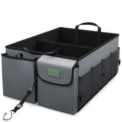 DRIVE front view of trunk organizer showing compartments and tidy storage benefit