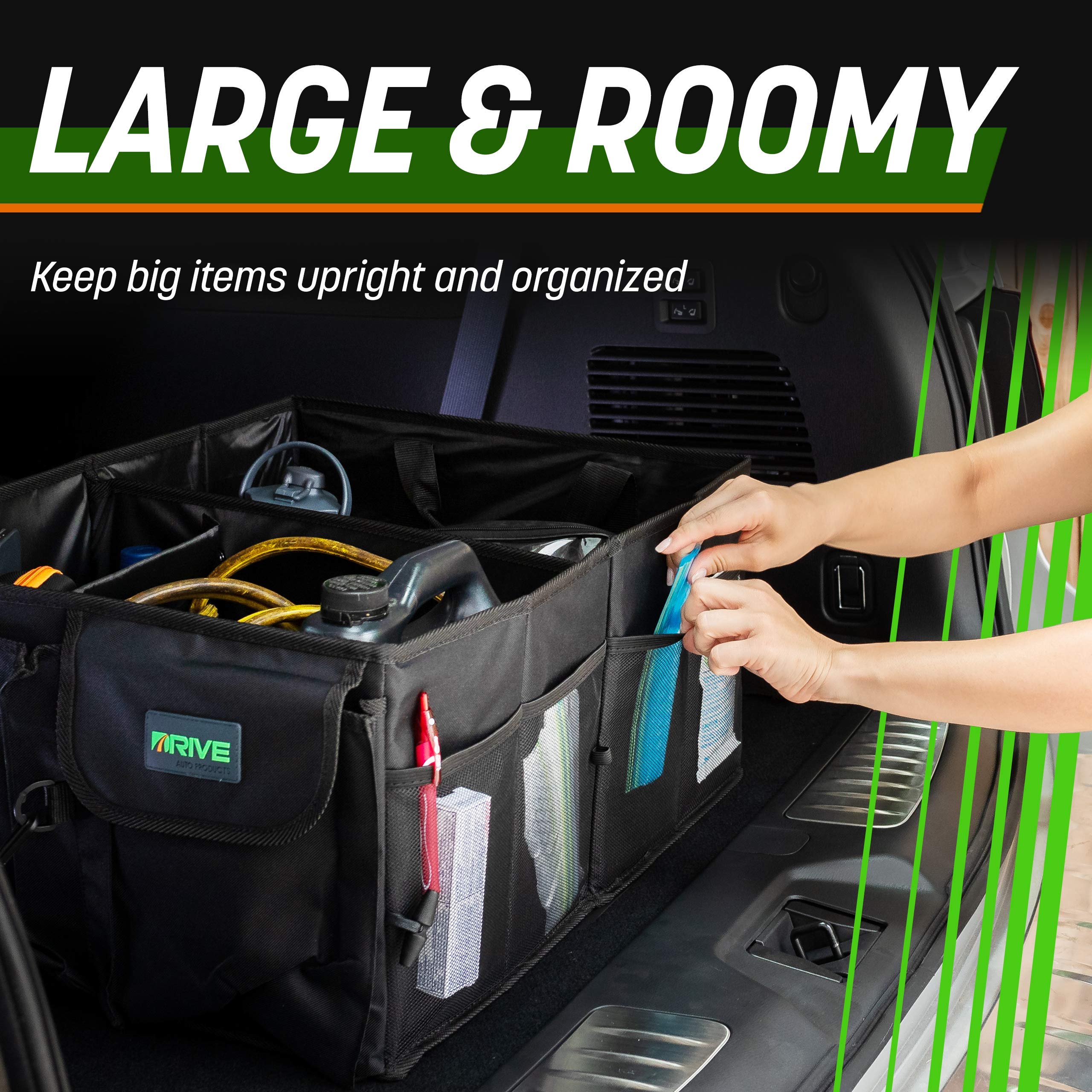 DRIVE placed in car trunk demonstrating tidy, practical storage benefit