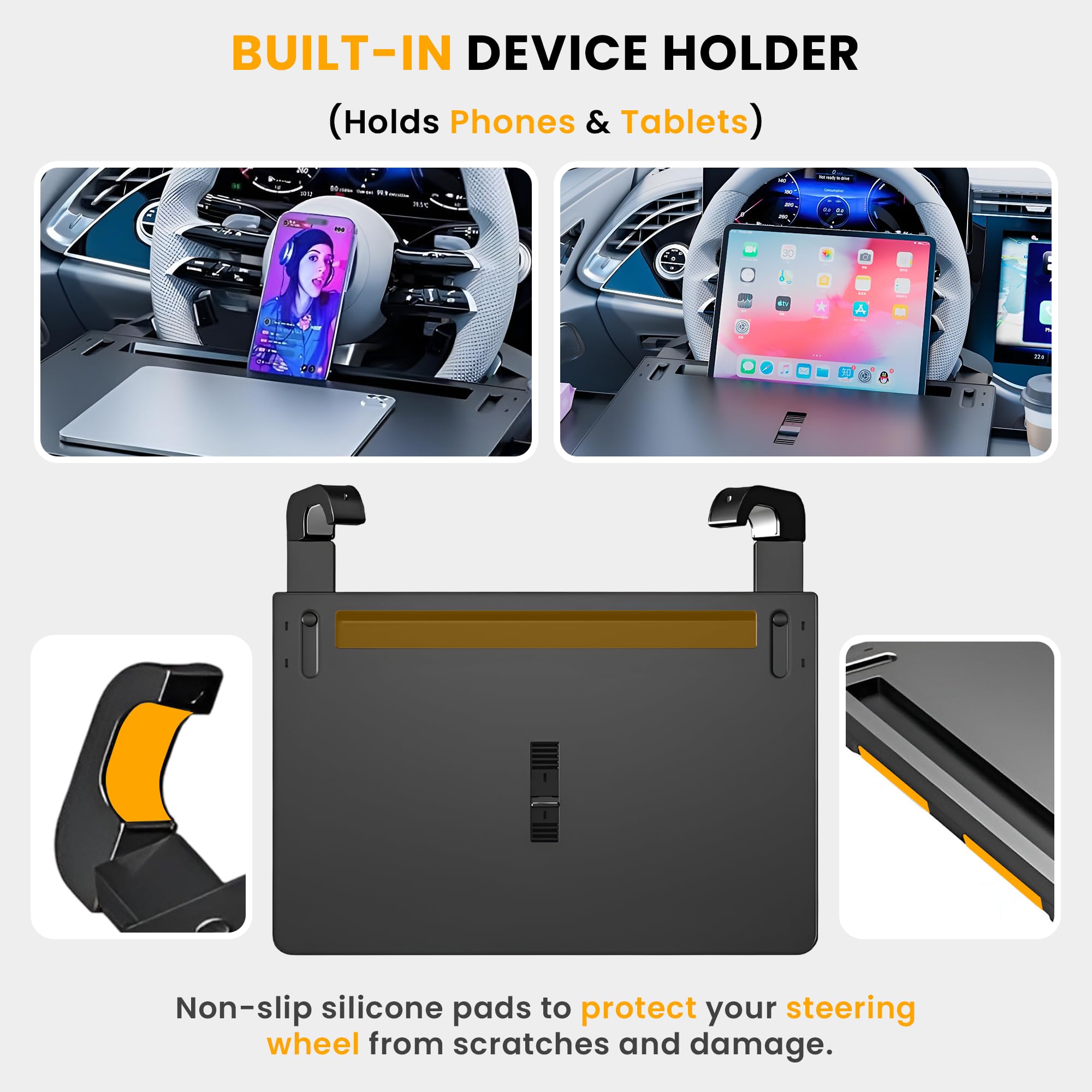 DriVie tray in vehicle with laptop in use demonstrating stable work surface benefit