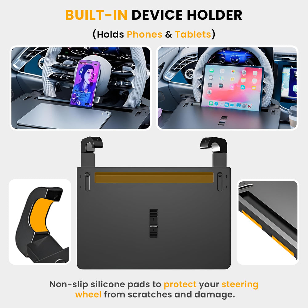 DriVie tray in vehicle with laptop in use demonstrating stable work surface benefit