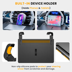 DriVie tray in vehicle with laptop in use demonstrating stable work surface benefit