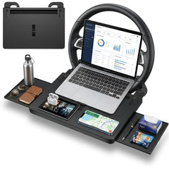 DriVie front view of tray on steering wheel showing stable workspace and quick setup