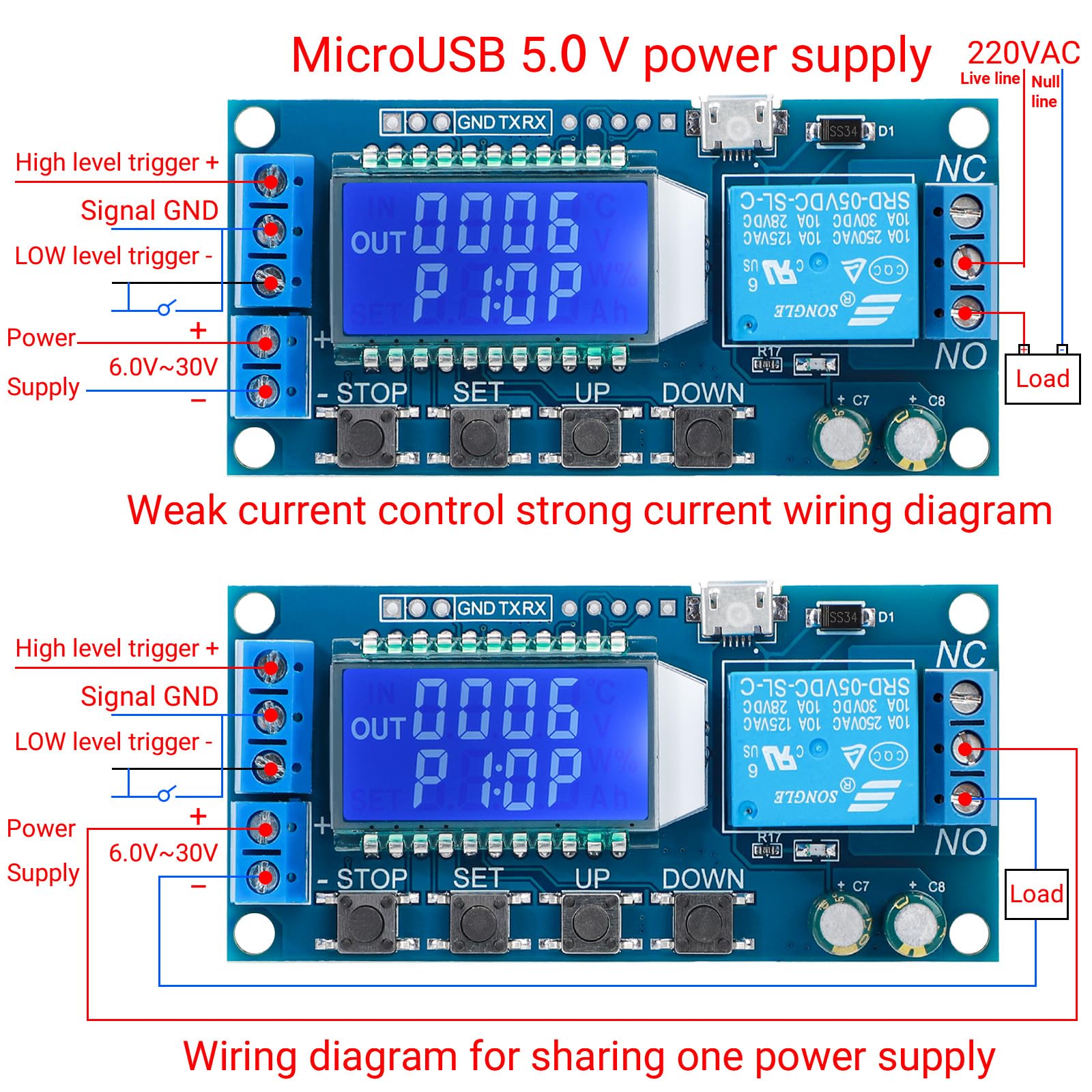 DROK relay contact close-up showing durable 5A rated switch