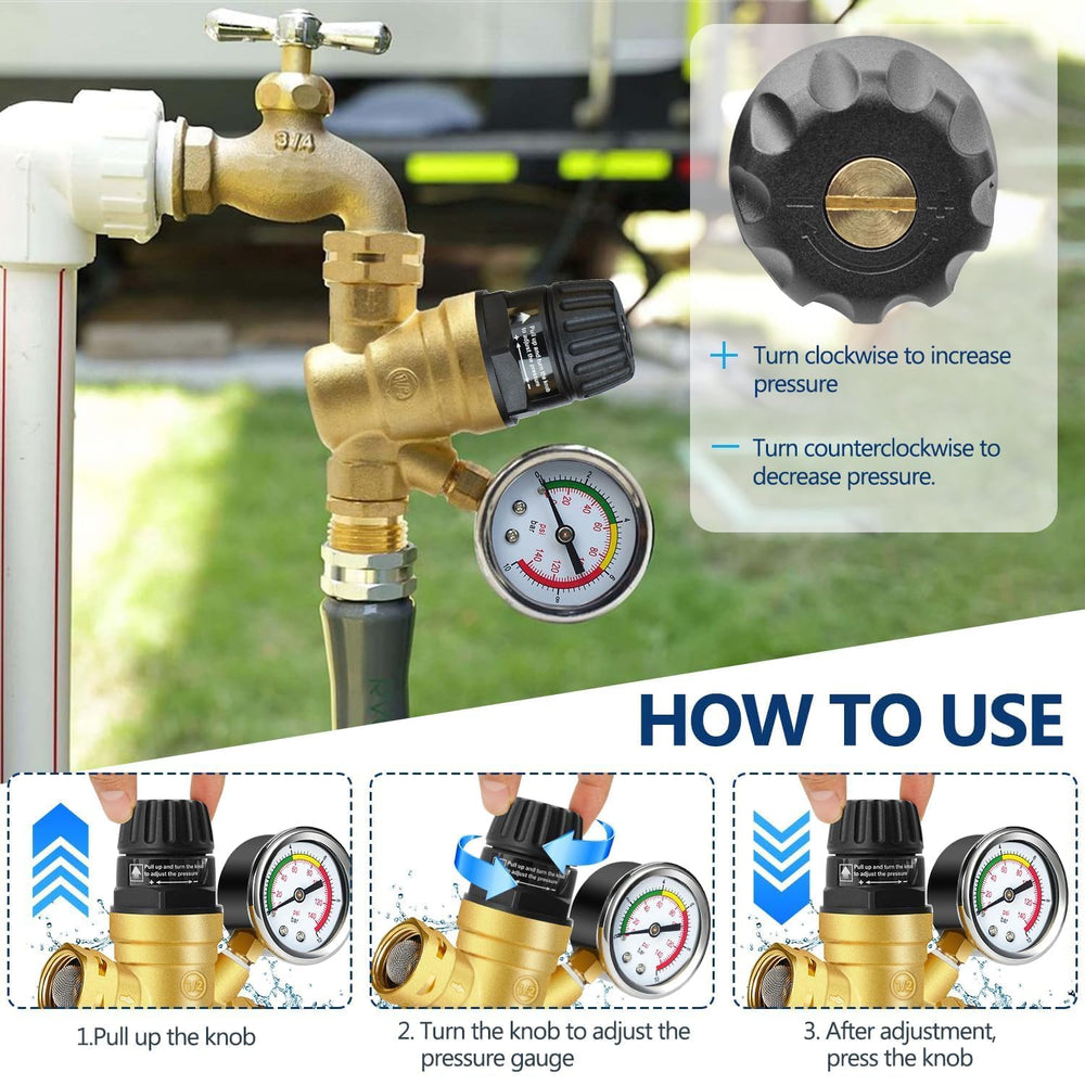 Drphiru mounted on RV water inlet protecting plumbing from high pressure