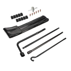 Dr.Roc kit front layout showing complete spare tire tool set and compact bag