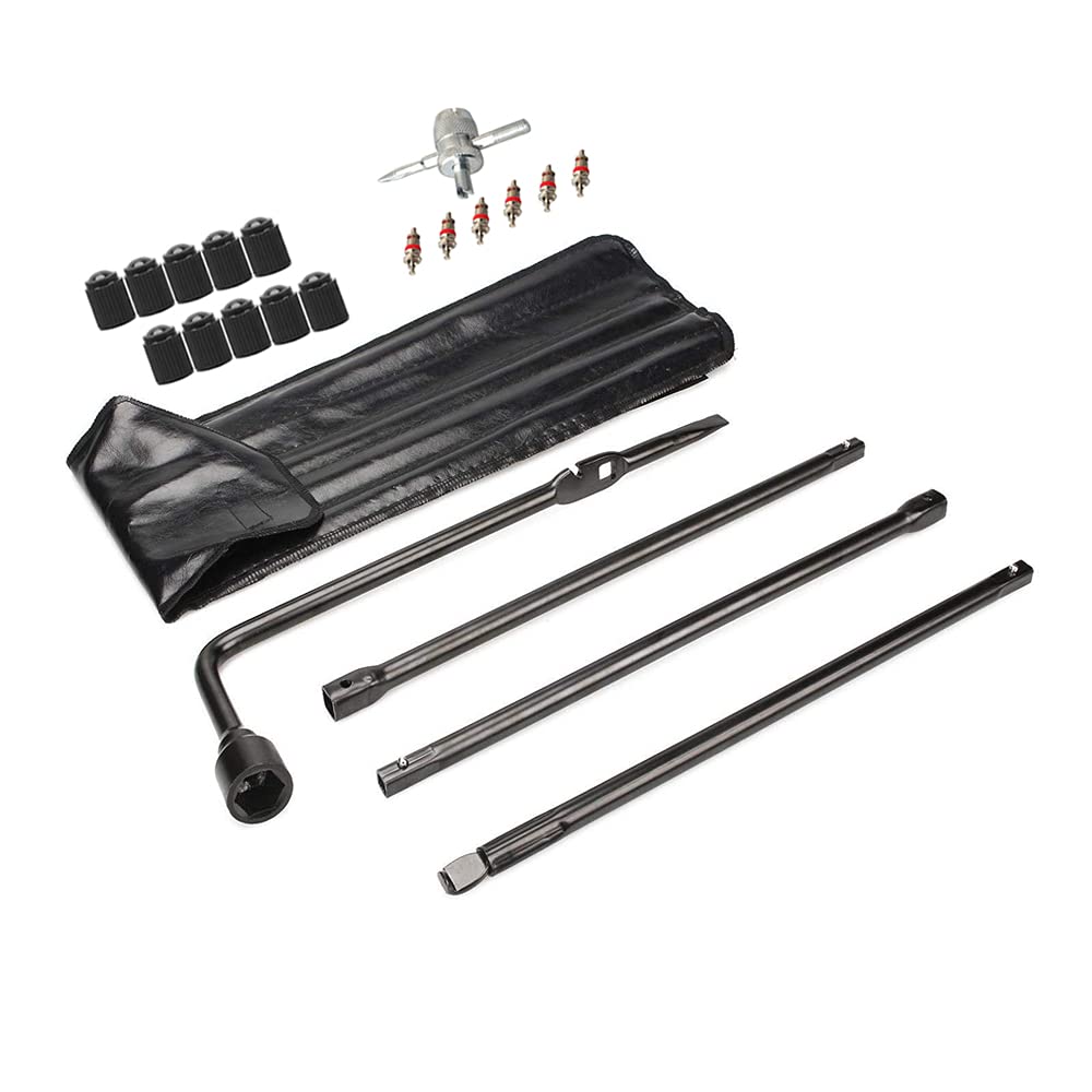 Dr.Roc front view of complete spare tire tool kit showing included pieces and benefits
