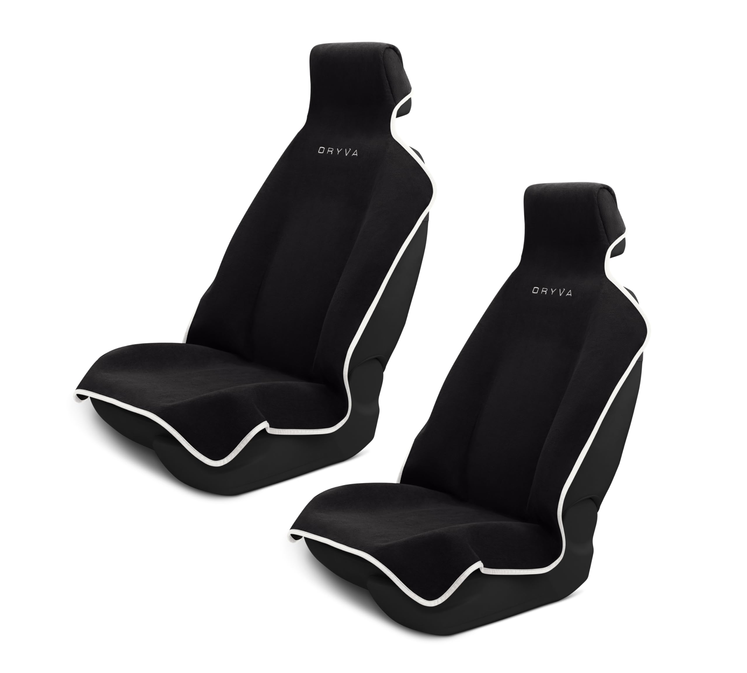 Dryva front view showing two black seat covers and brand, protects seats from spills