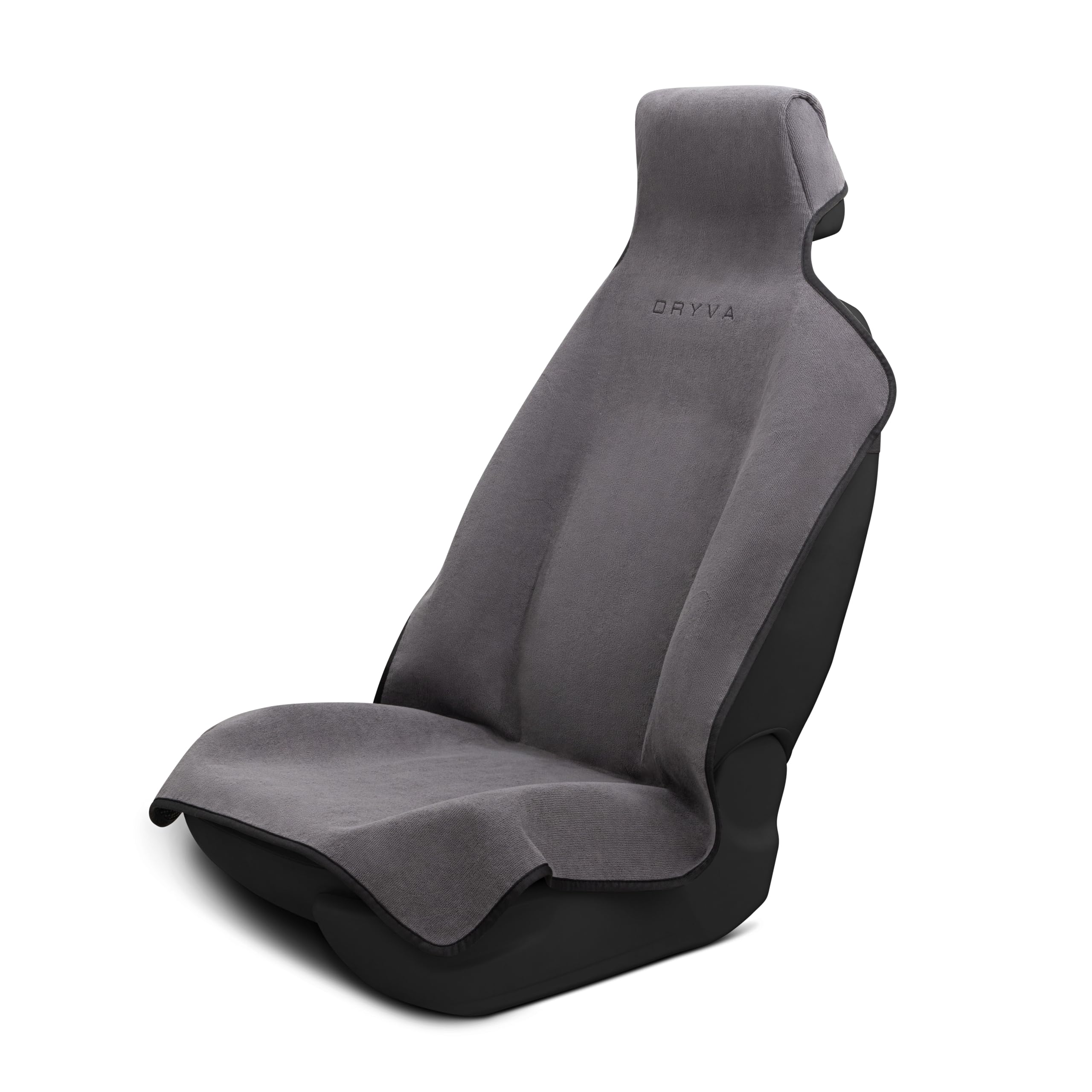 Dryva front view gray seat cover showing full protection and easy installation