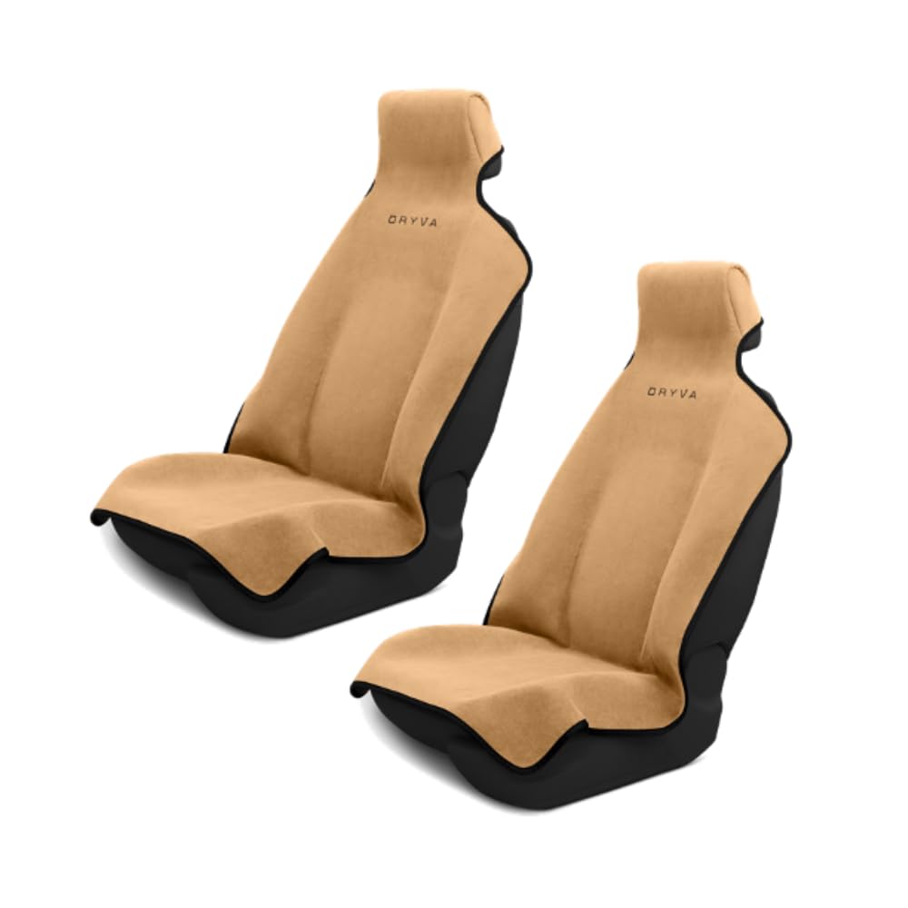 Dryva front view of tan seat cover showing full-seat protection benefit
