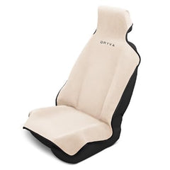Dryva front view of beige seat cover showing full protection and quick install