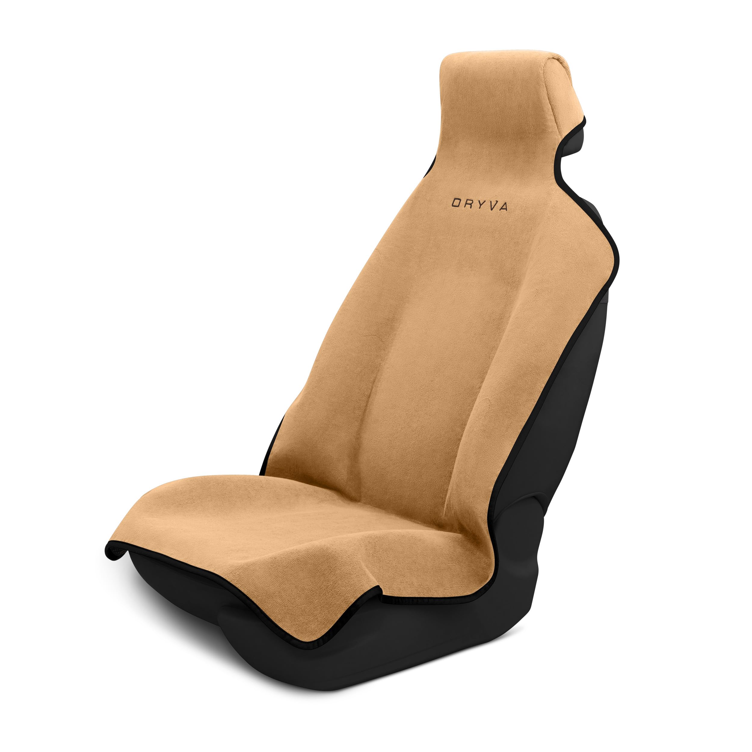 Dryva front view tan seat cover showing full protection and neat fit