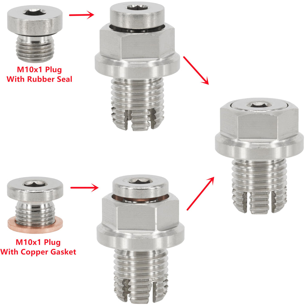 Dsnaduo plug next to common drain bolt for scale demonstrating correct oversize fit