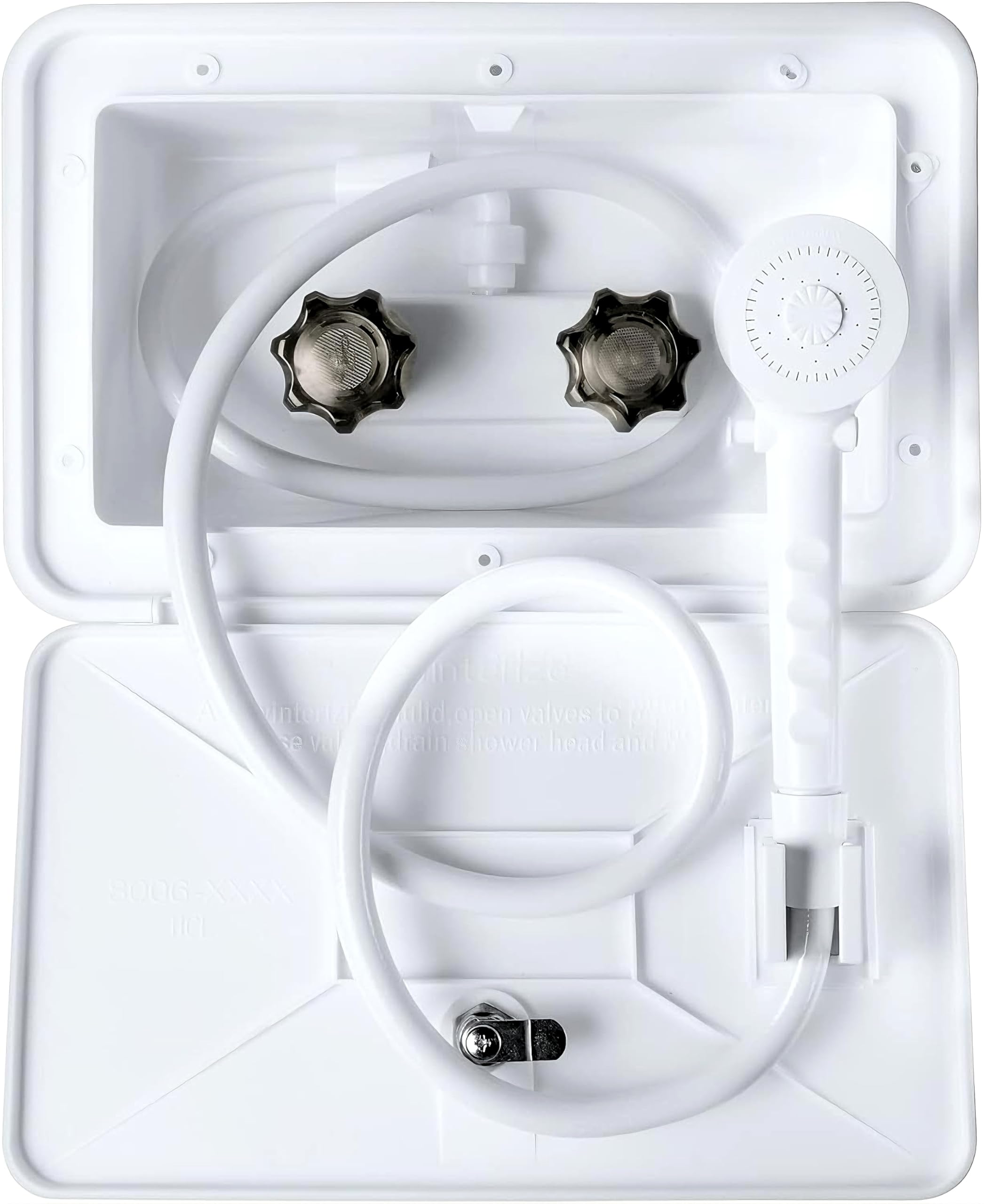 DSRTLP exterior shower box front panel showing tidy exterior storage and protection