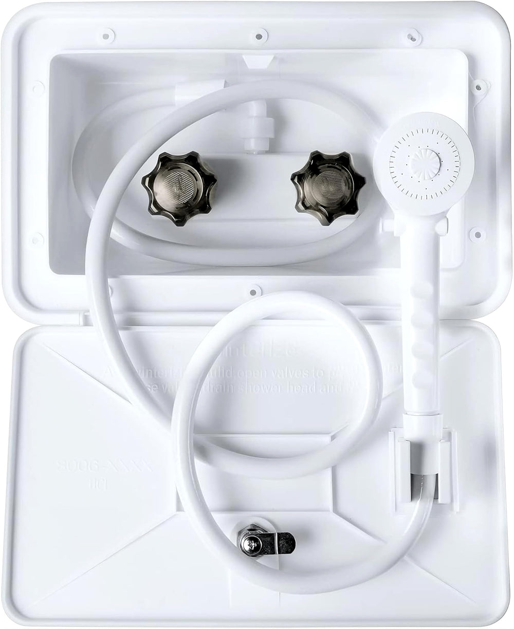 DSRTLP exterior shower box front panel showing tidy exterior storage and protection