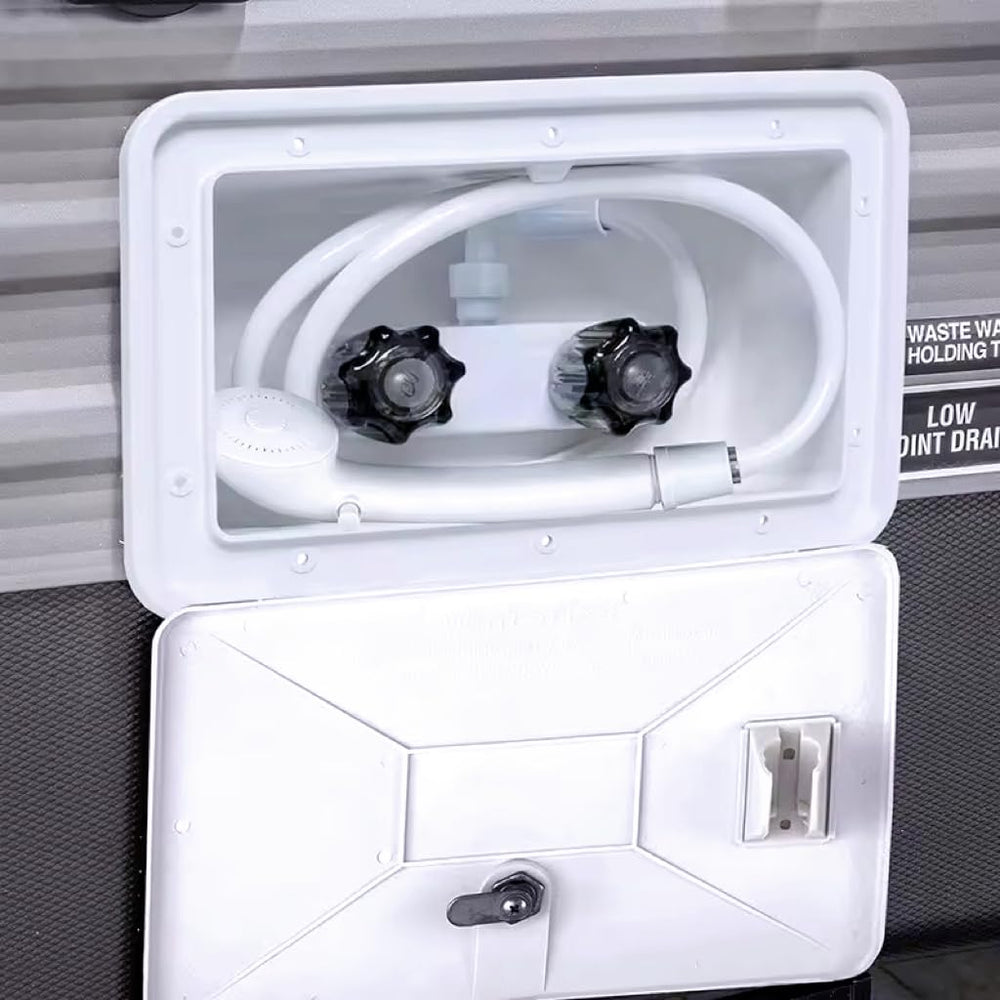 DSRTLP wall box open with internal storage protecting shower components