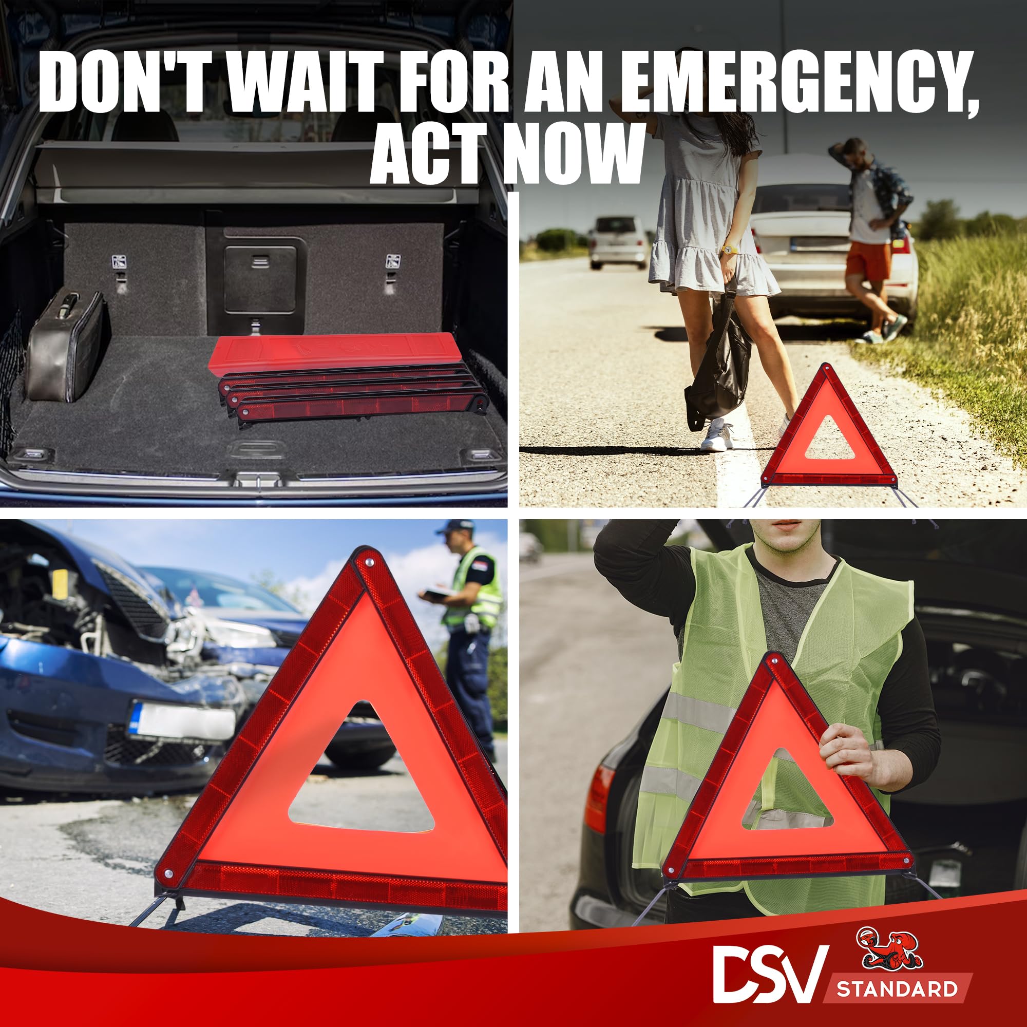 DSV Standard triangles set behind a stopped car showing improved roadside safety