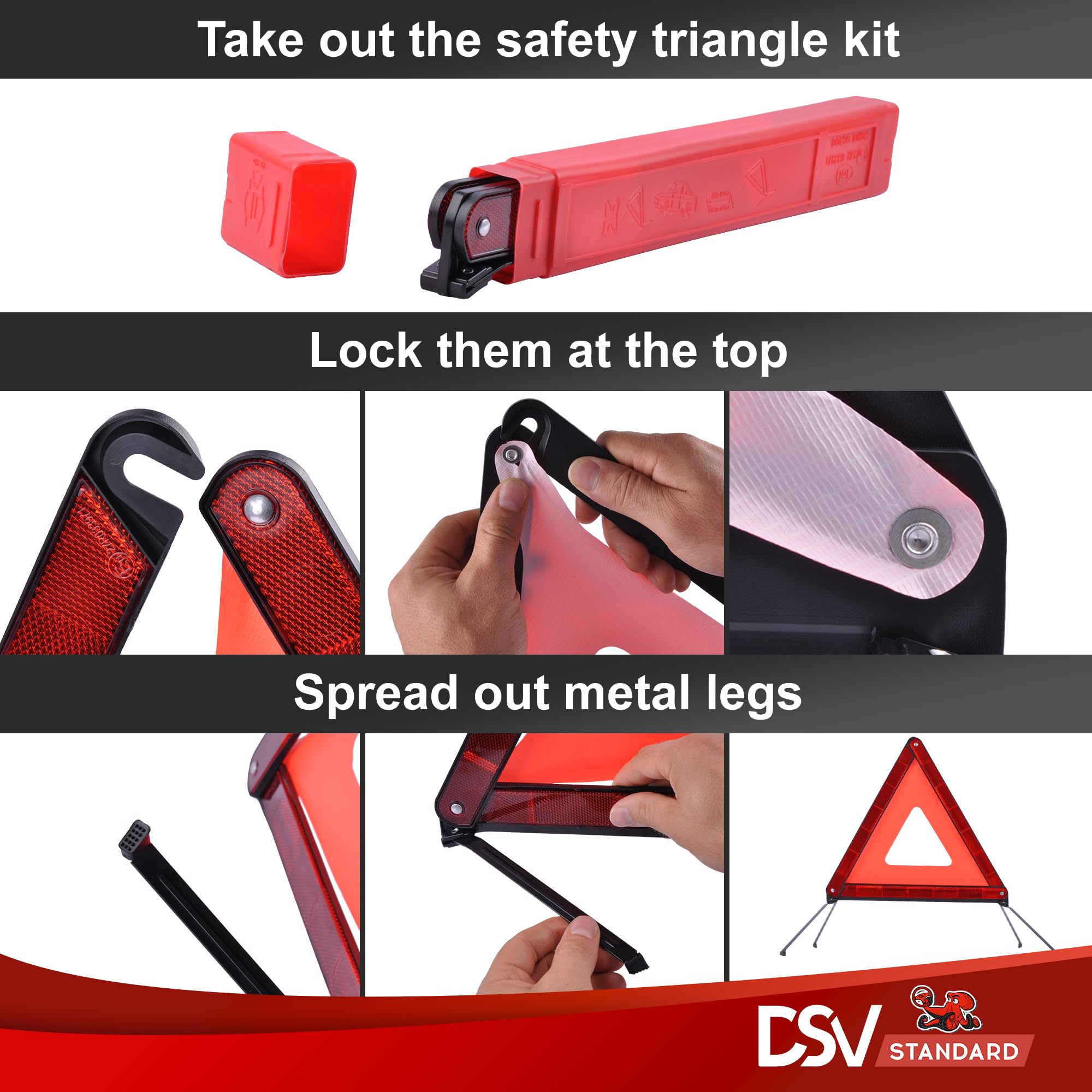 DSV Standard unfolded triangle on pavement providing bright daytime visibility