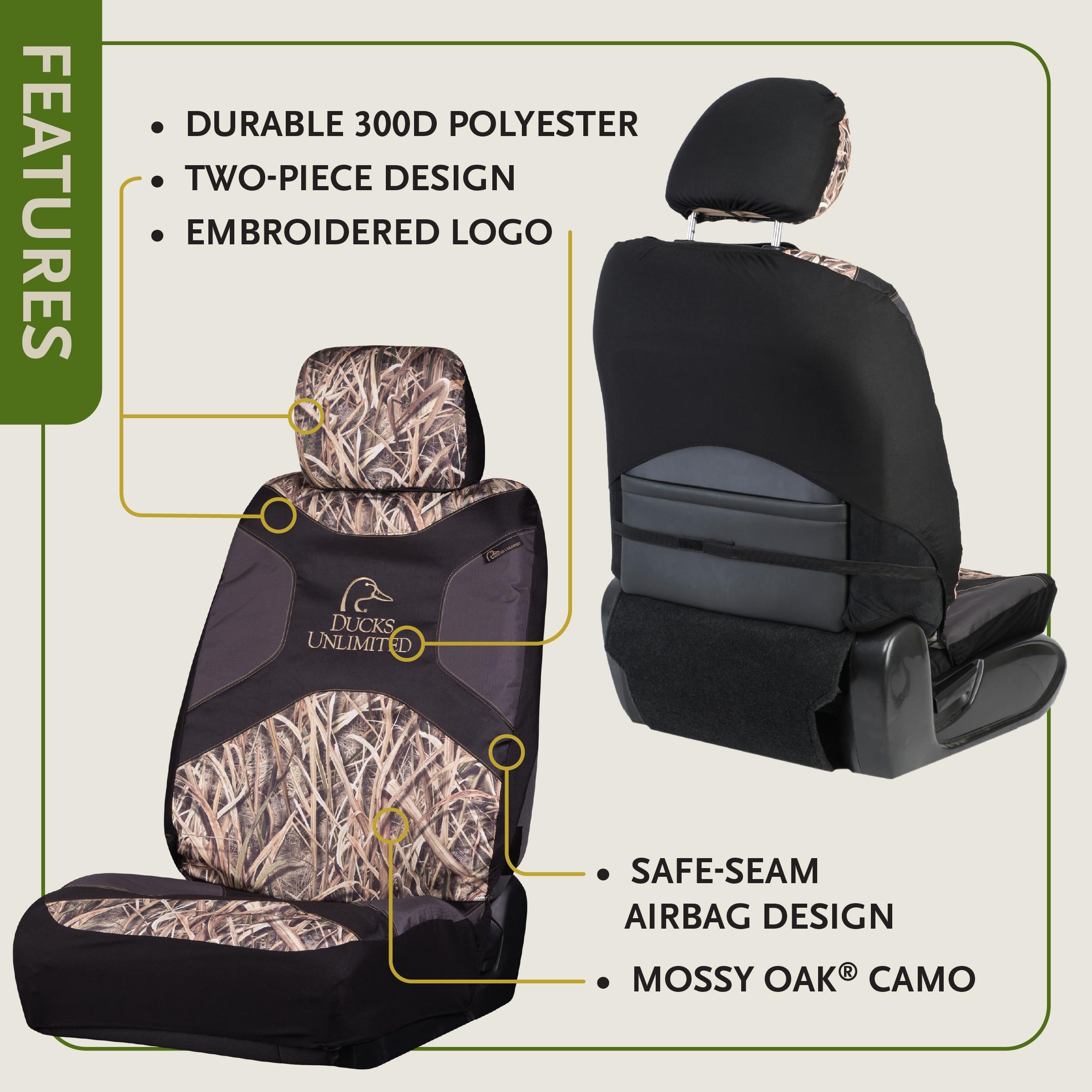 Ducks Unlimited headrest cover close-up highlighting stacked logo and easy installation