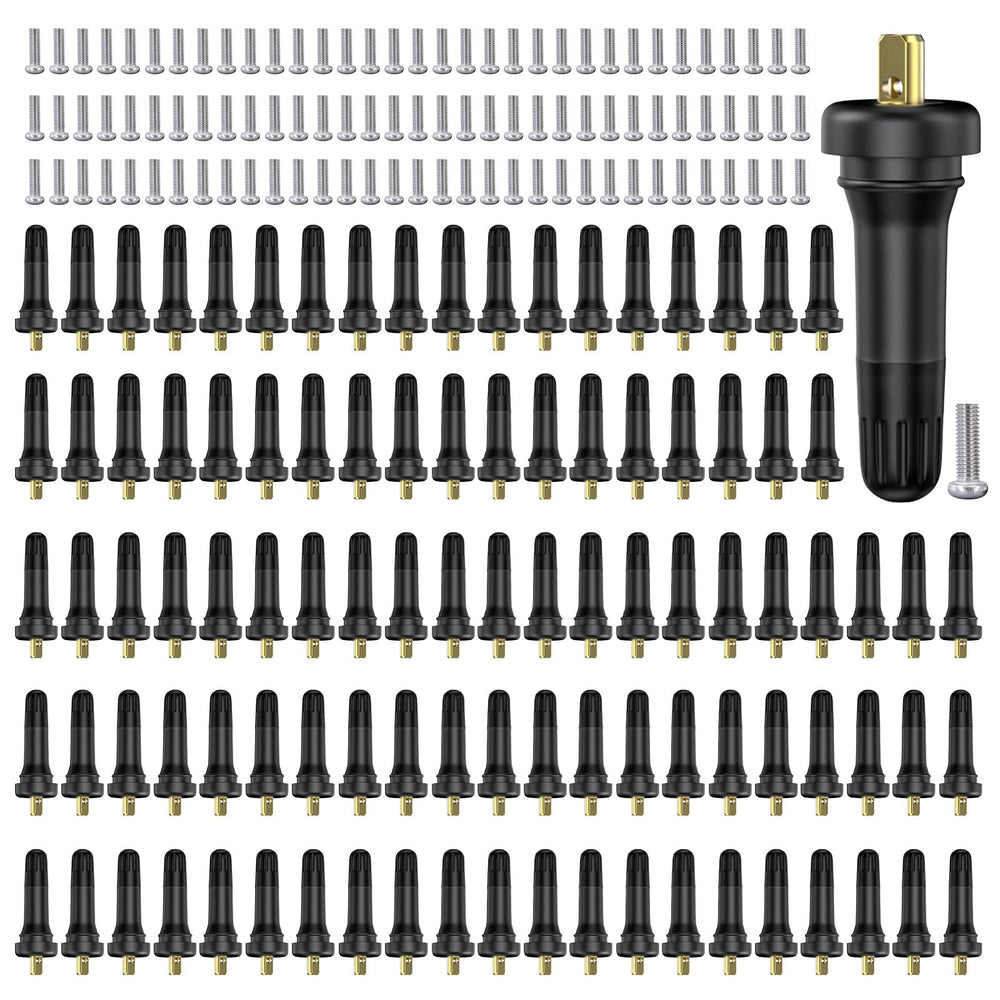 Dueilgo front packaging 100pcs valve stems showing bulk value and compatibility