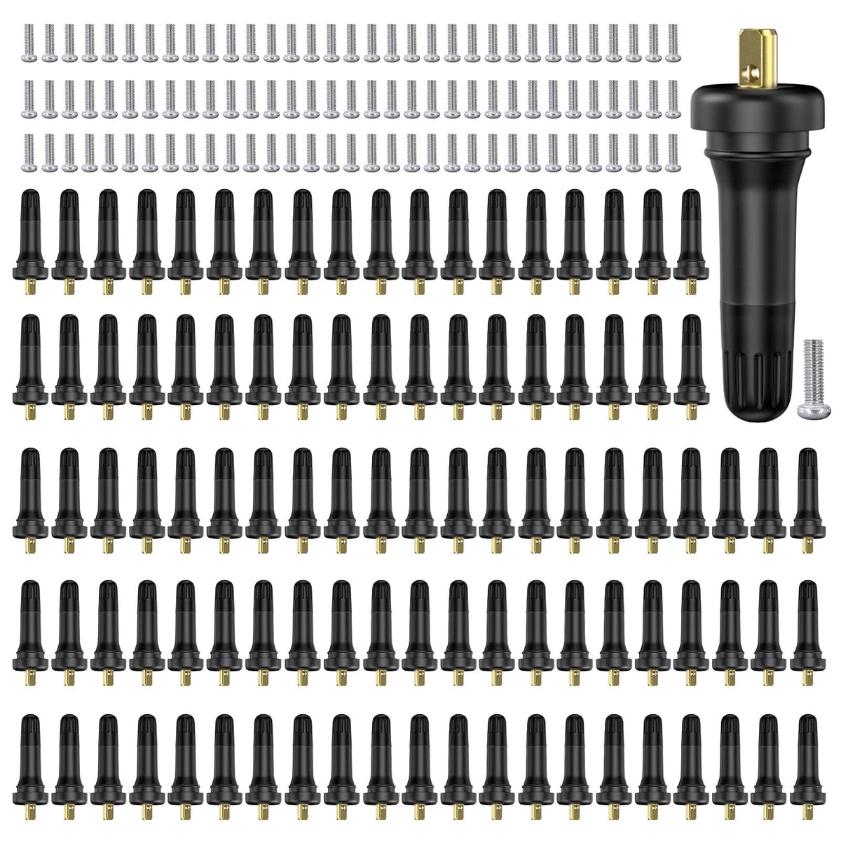 Dueilgo front packaging 100pcs valve stems showing bulk value and compatibility