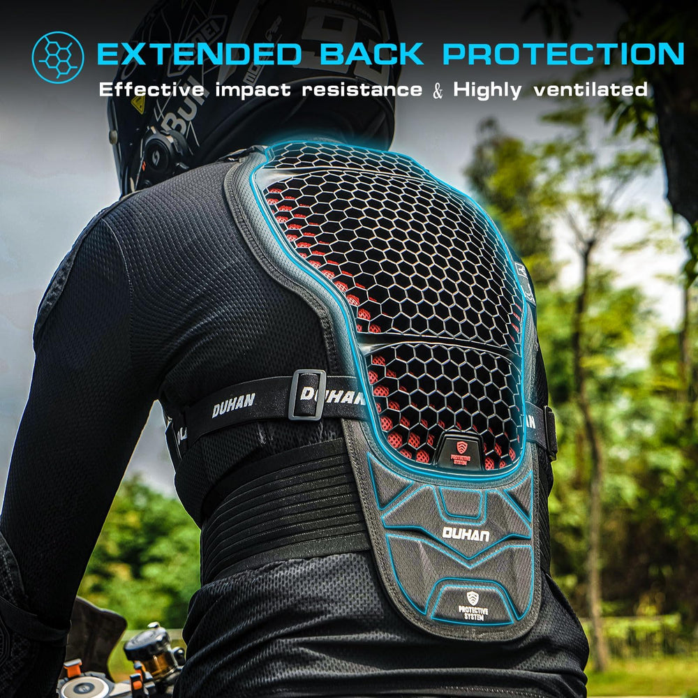 DUHAN rear view of segmented spine protector showing ergonomic bend benefit