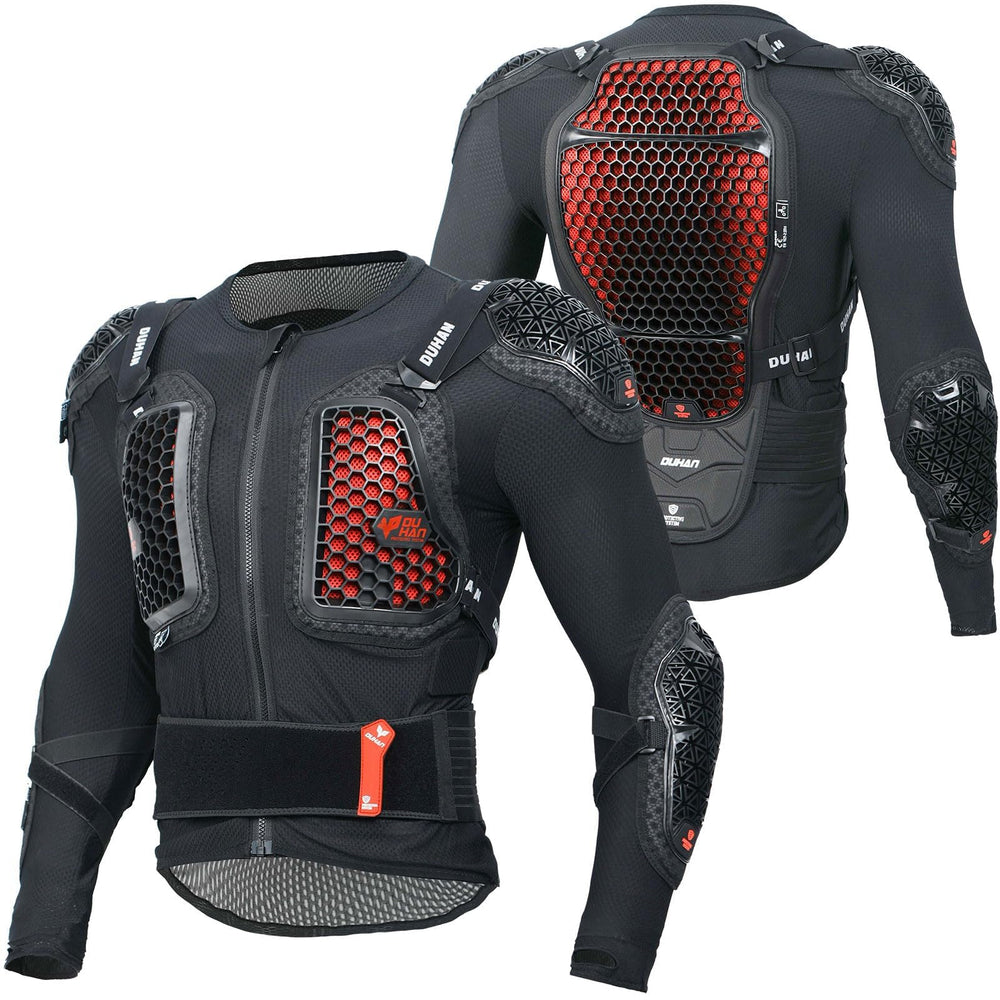 DUHAN frontal view showing full CE Level 2 armor and breathable fit benefit
