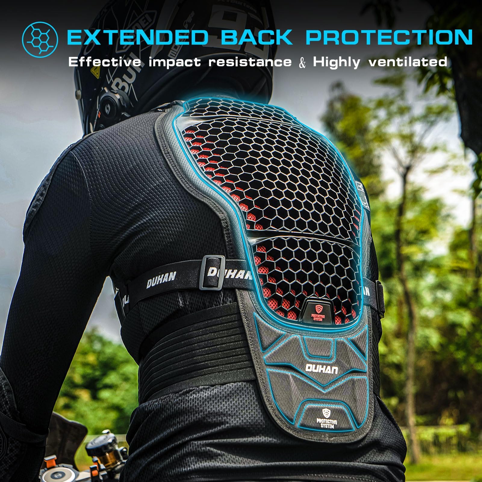 DUHAN shoulder and elbow protectors displayed to show modular impact defense