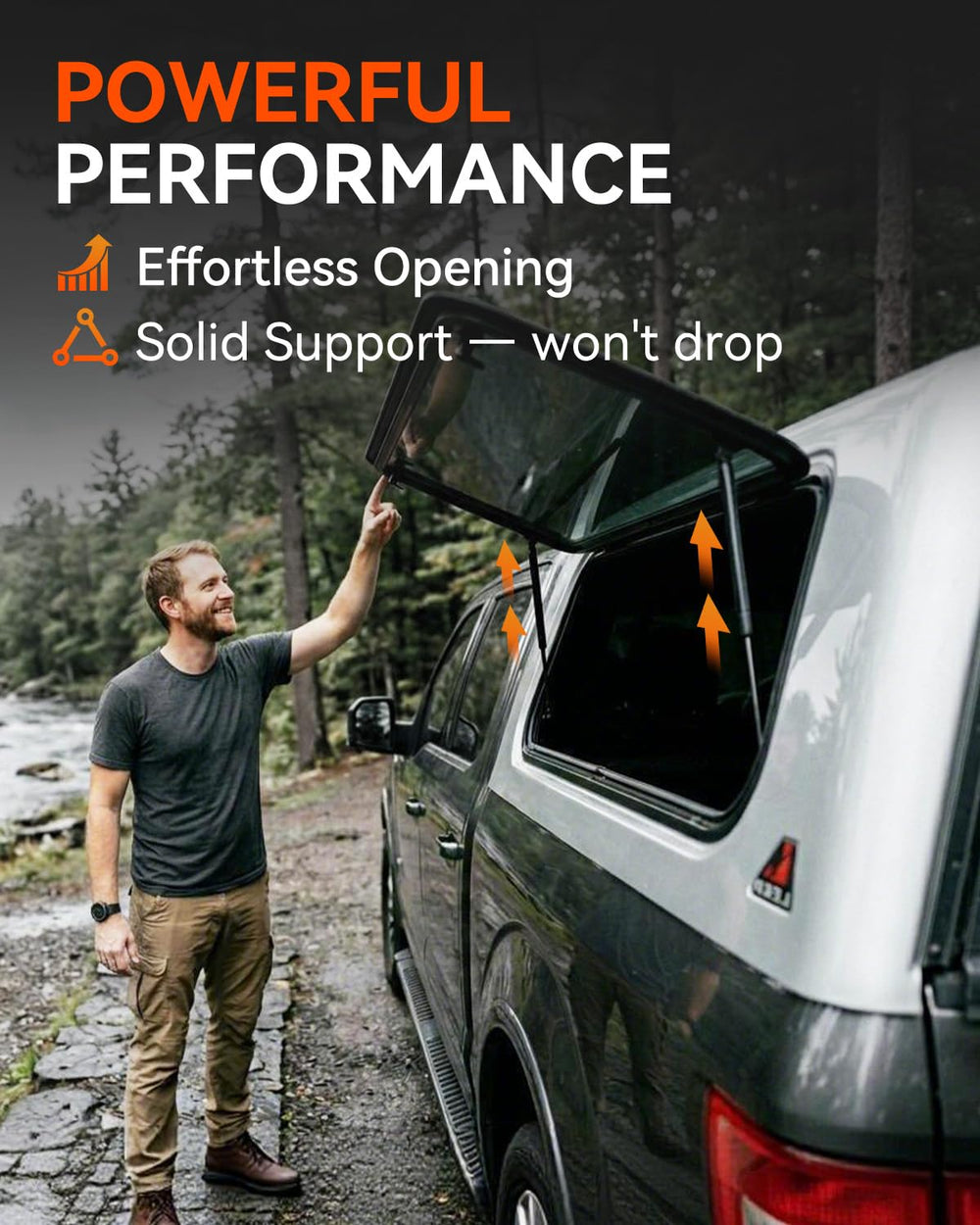 Dukuge strut installed on camper shell window demonstrating steady lift support benefit