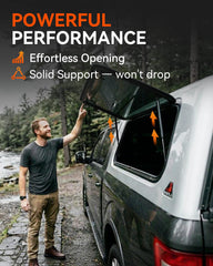Dukuge strut installed on camper shell window demonstrating steady lift support benefit