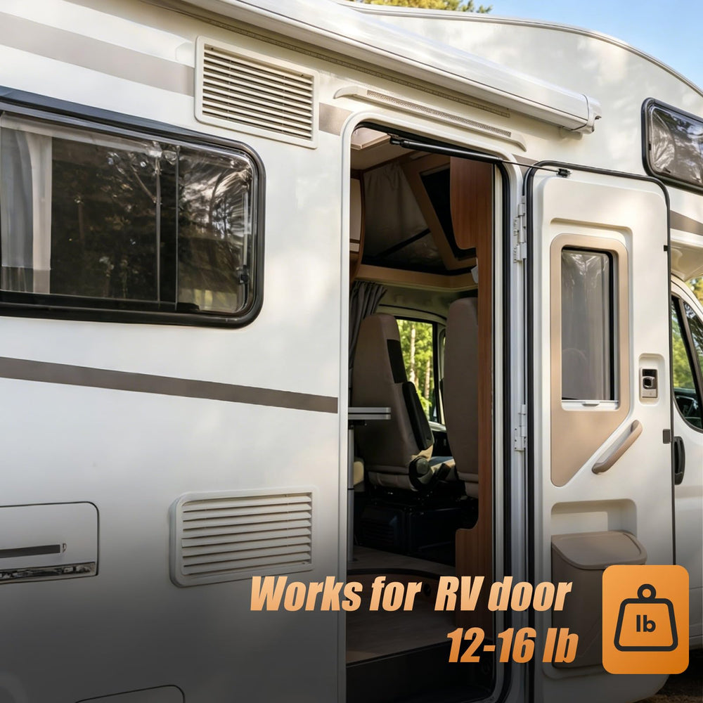 Dukuge strut installed on camper bay door showing easy access and hands-free use benefit