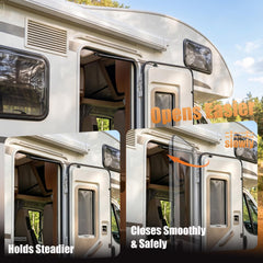 Dukuge strut mounted on RV entry door showing smoother lifting and secure hold benefit