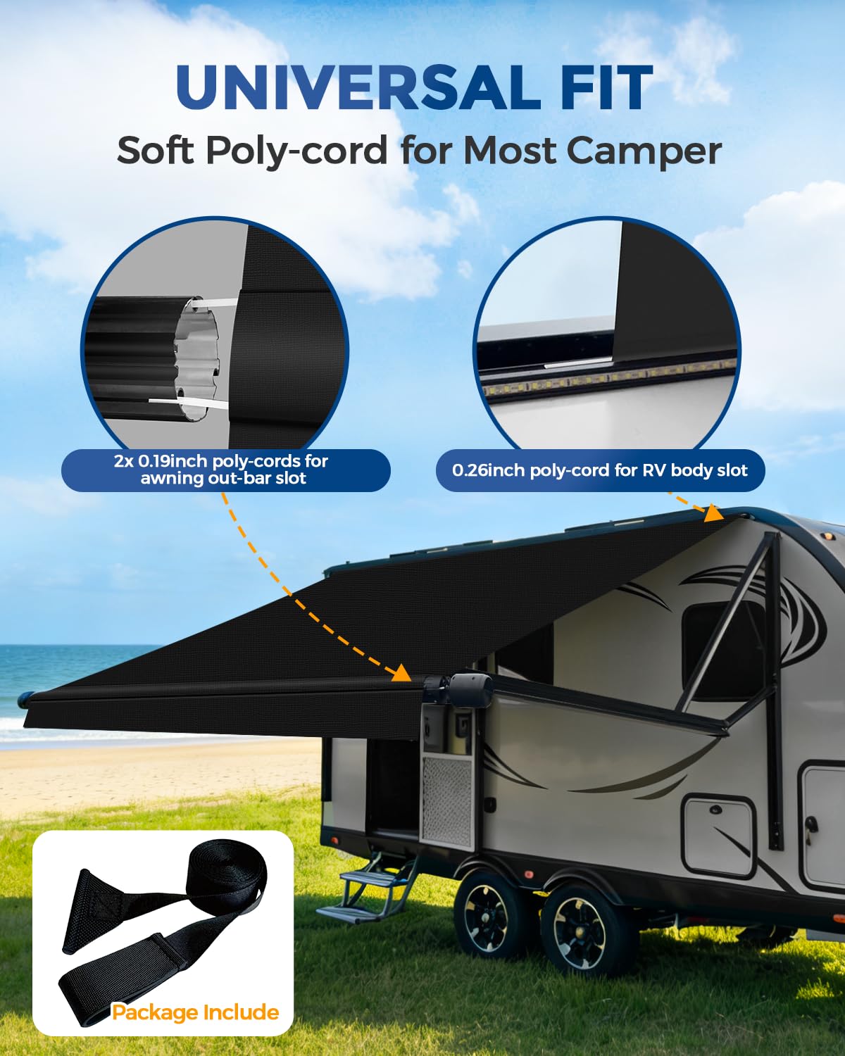 Dulepax installed on RV providing large shaded area and UV protection