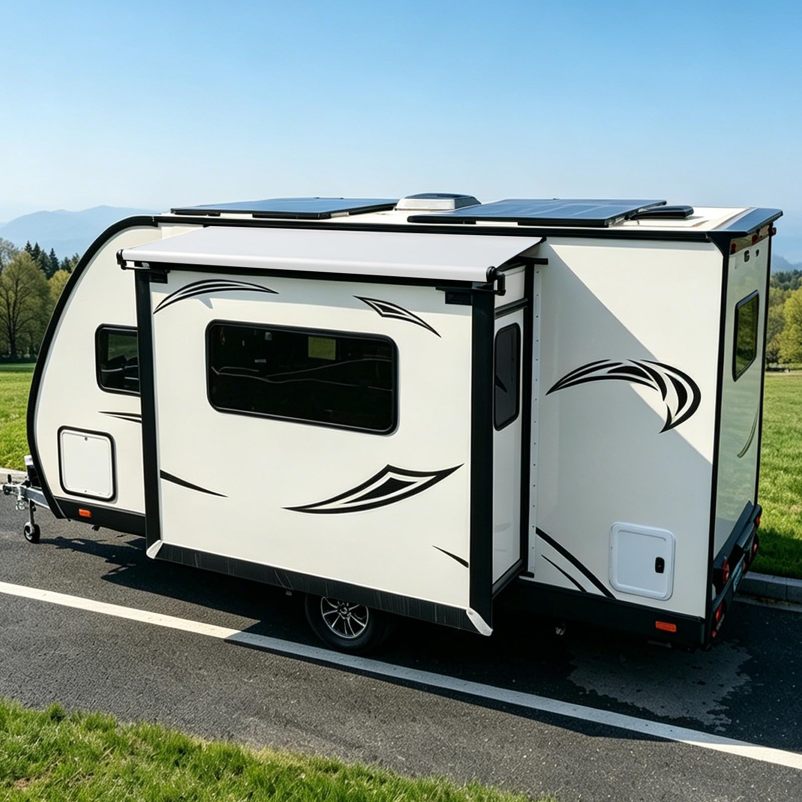 Dulepax at campsite on motorhome slide-out demonstrating renewed awning look and sun reflection