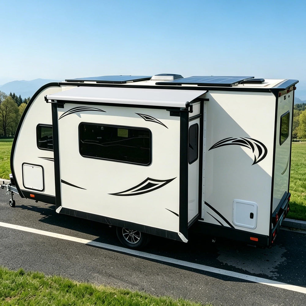 Dulepax at campsite on motorhome slide-out demonstrating renewed awning look and sun reflection