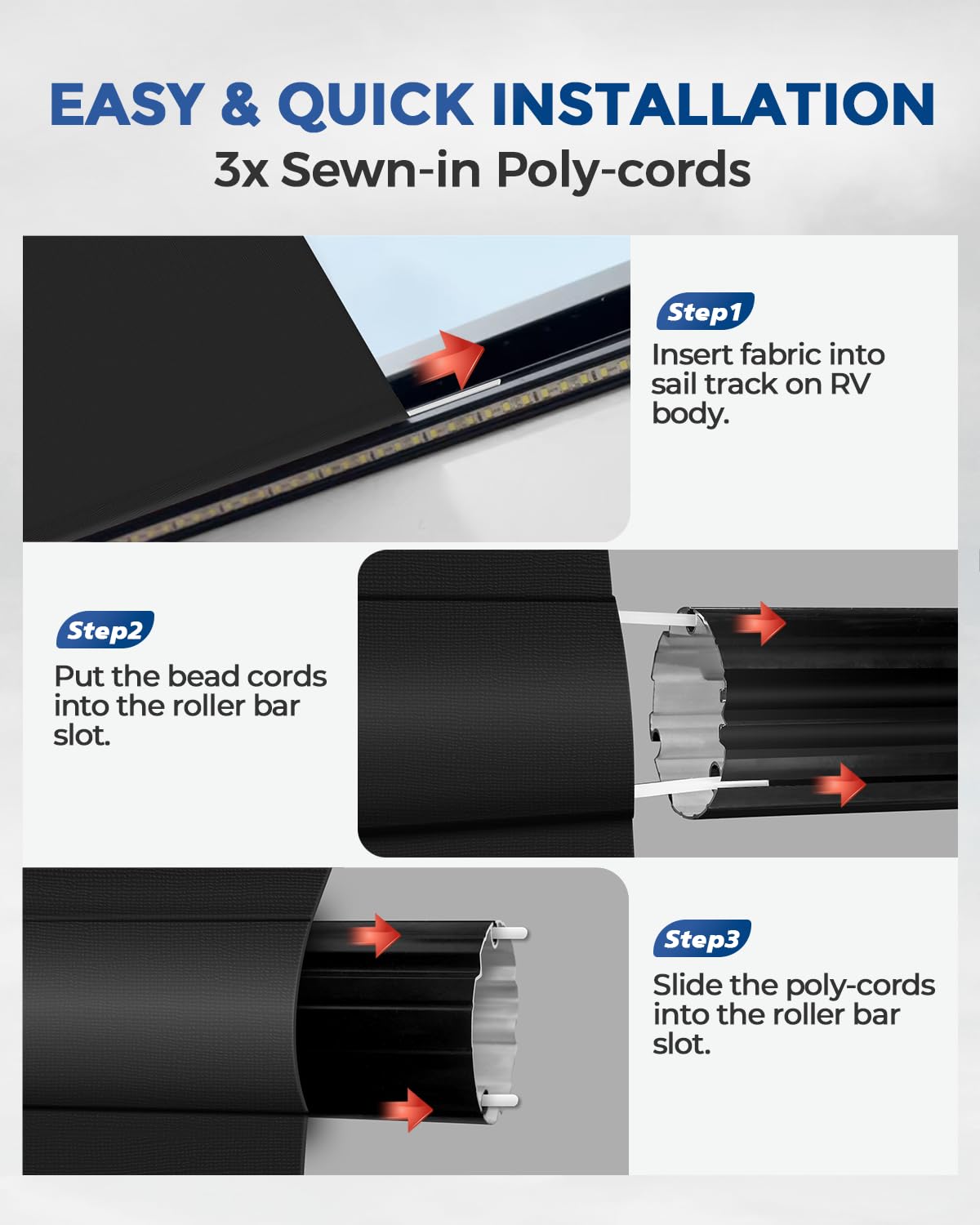 Dulepax detail of pre-sewn poly-cords ready for quick, tool-free installation