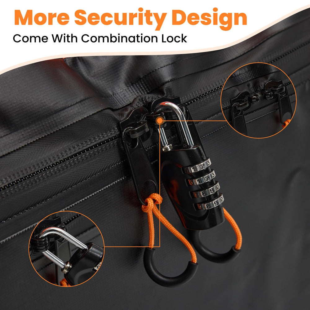 DUMOS beside suitcases to show 15 cubic feet capacity and packing clarity