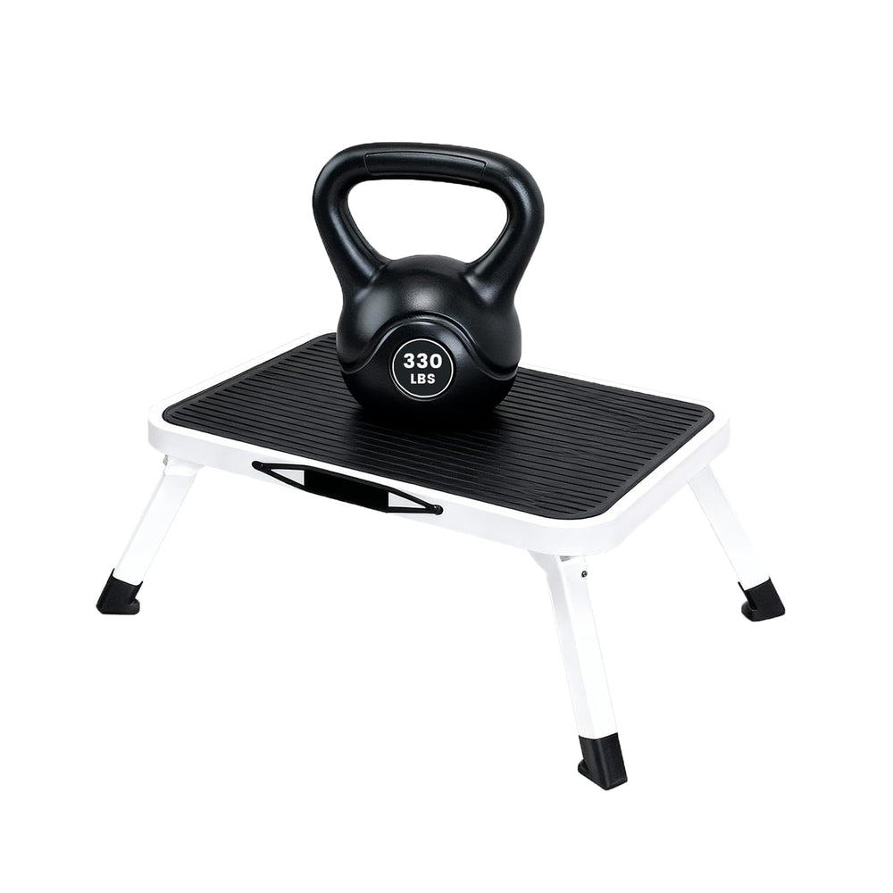 DUMOS stool front view showing sturdy metal frame and stable platform